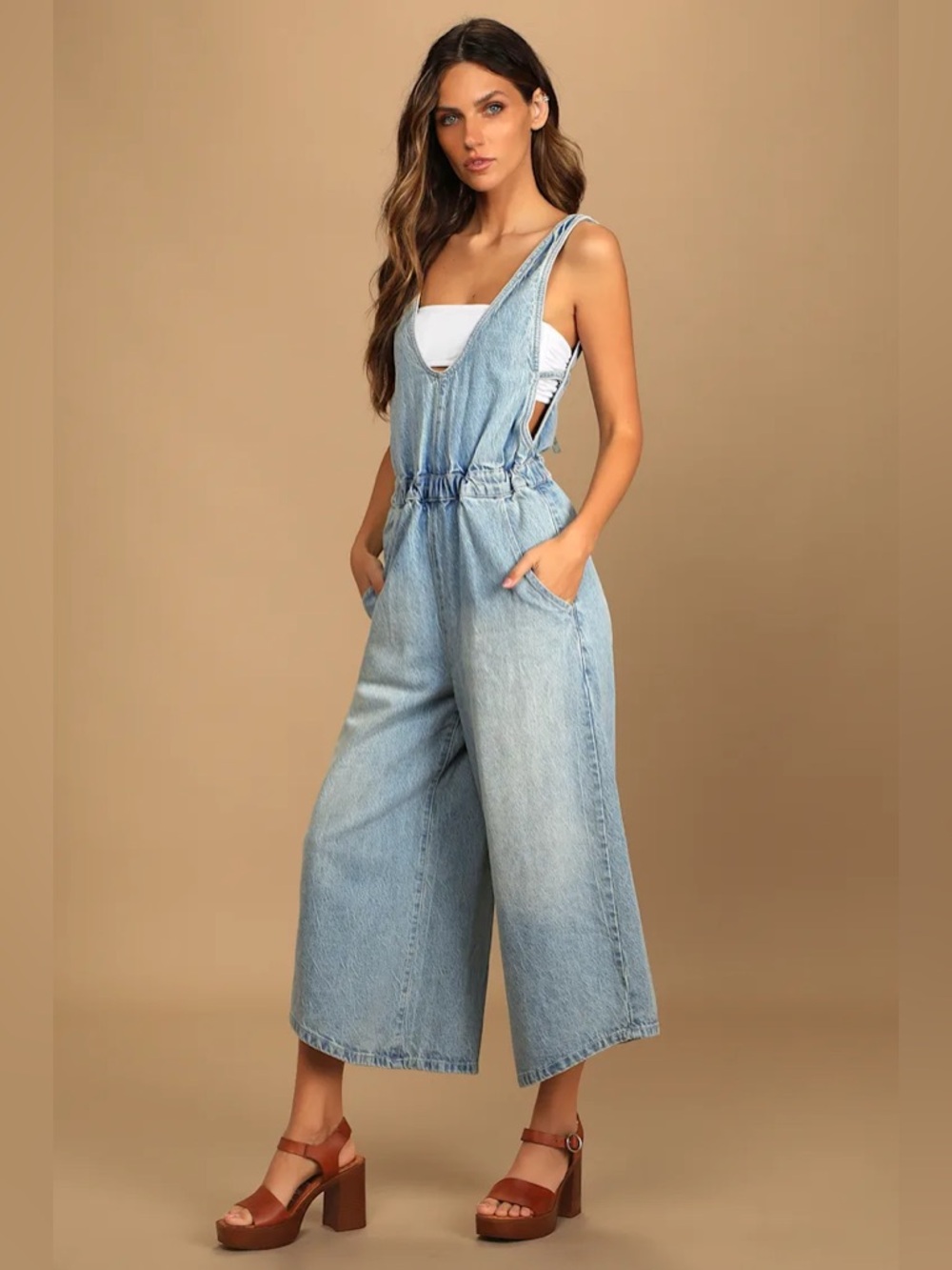 Free People Alora Light Wash Denim Tie-Back Culotte Jumpsuit Sz XS
